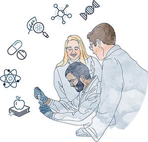 illustration of three scientists ,with one pipetting, encircled by illustrated medical icons